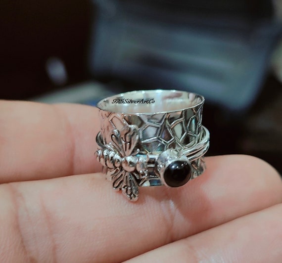 Black Onyx Honeybee Spinner Ring: 925 Sterling Silver Meditation