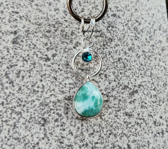 Pendentif En Argent 925 Avec Larimar Naturel Et Topaze Bleue - Pierre Précieuse, Fait Main, Neuf Avec Boîte Cadeau