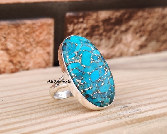 Copper Turquoise 925 Sterling Silver Ring - Bohemian Handmade