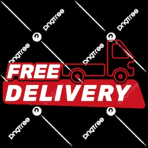 May include: Red and white graphic with the text "FREE DELIVERY" and a red outline of a delivery truck.