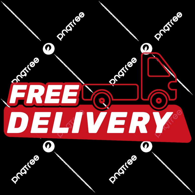 May include: Red and white graphic with the text "FREE DELIVERY" and a red outline of a delivery truck.