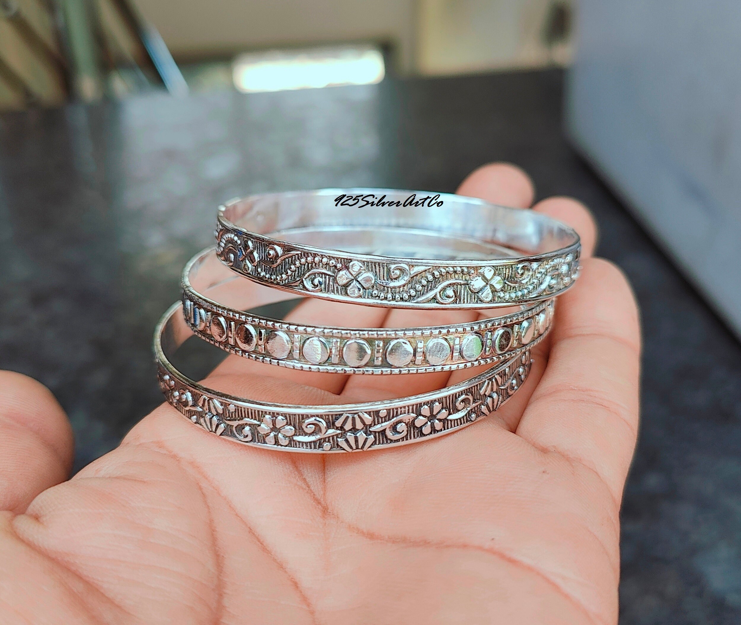 Sterling Silver Bangle Set: Thick Stacking West Indian Boho