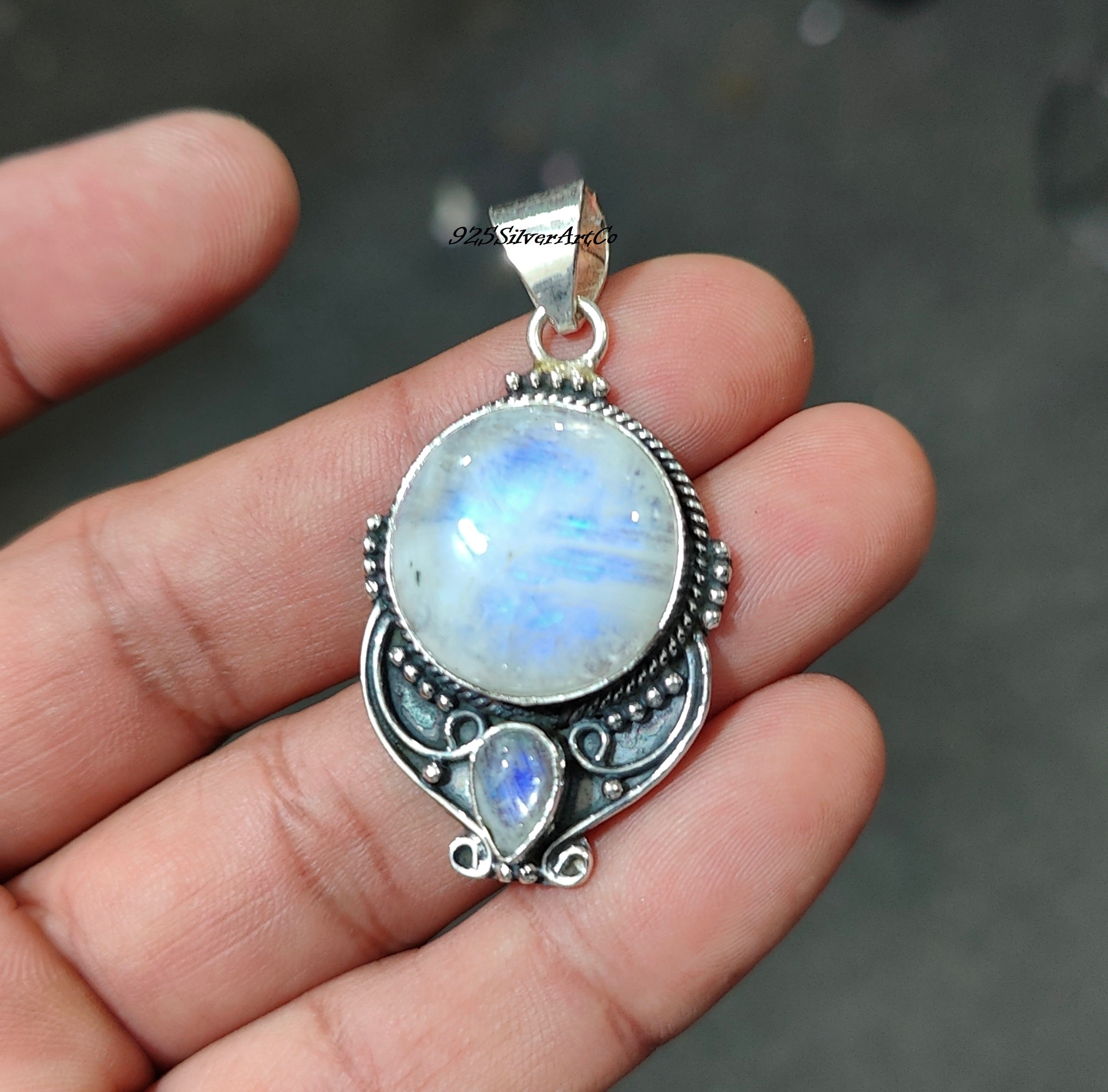 Rainbow Moonstone Pendant: Round 925 Sterling Silver Boho Necklace
