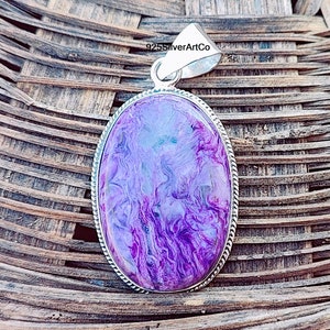Handmade Charoite Pendant: Oval 925 Sterling Silver Jewelry