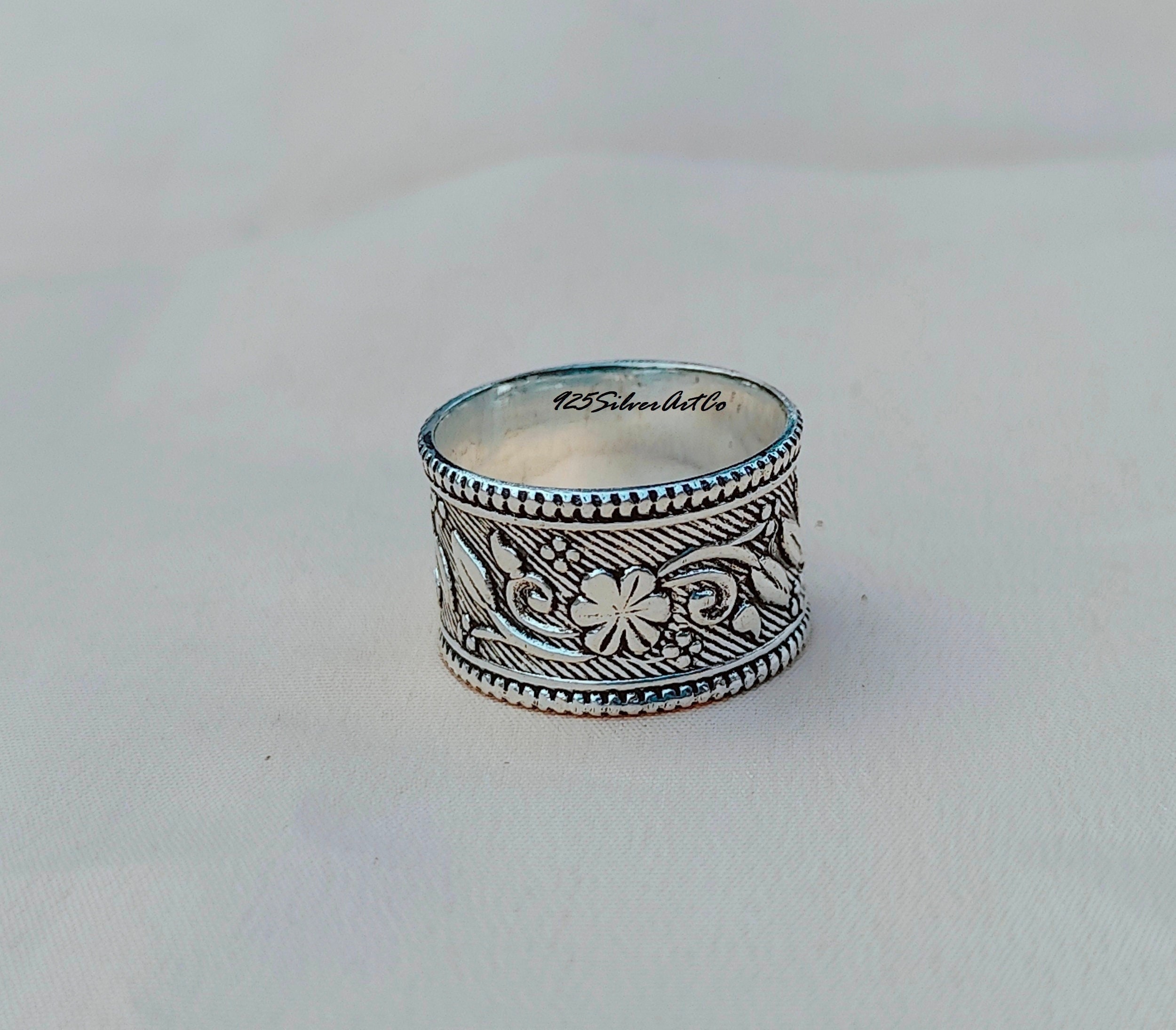 Flower Design Ring, Flower Engraved Band, Solid Silver Boho Ring, Flower Band Ring, Wide Band Jewelry, Thumb Ring, Vintage Fashion Ring Band
