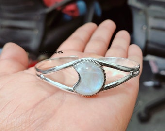 Crescent Moonstone Bangle: Twisted Wire 925 Sterling Silver, Adjustable