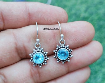 Blue Topaz Earrings, Bohemian Earring, Sliver Earring, Flower Design Earring, Dangle  Drop Earring, Gift For Women Handmade Earring Jewelry