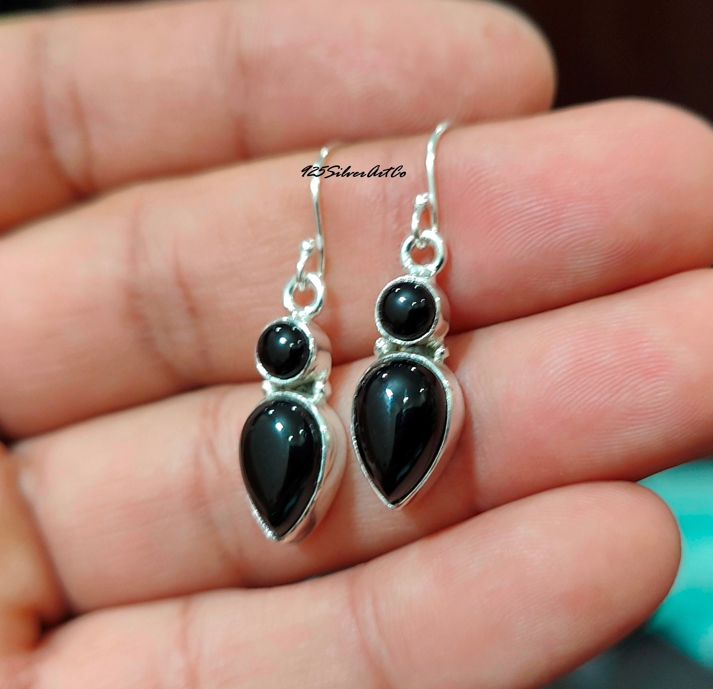 Black Onyx Earring in silver, Dangle Drop Earring For Women, Two Gemstone Earrings, Black Onyx Minimalist Earring Jewelry, Black Stone Gift