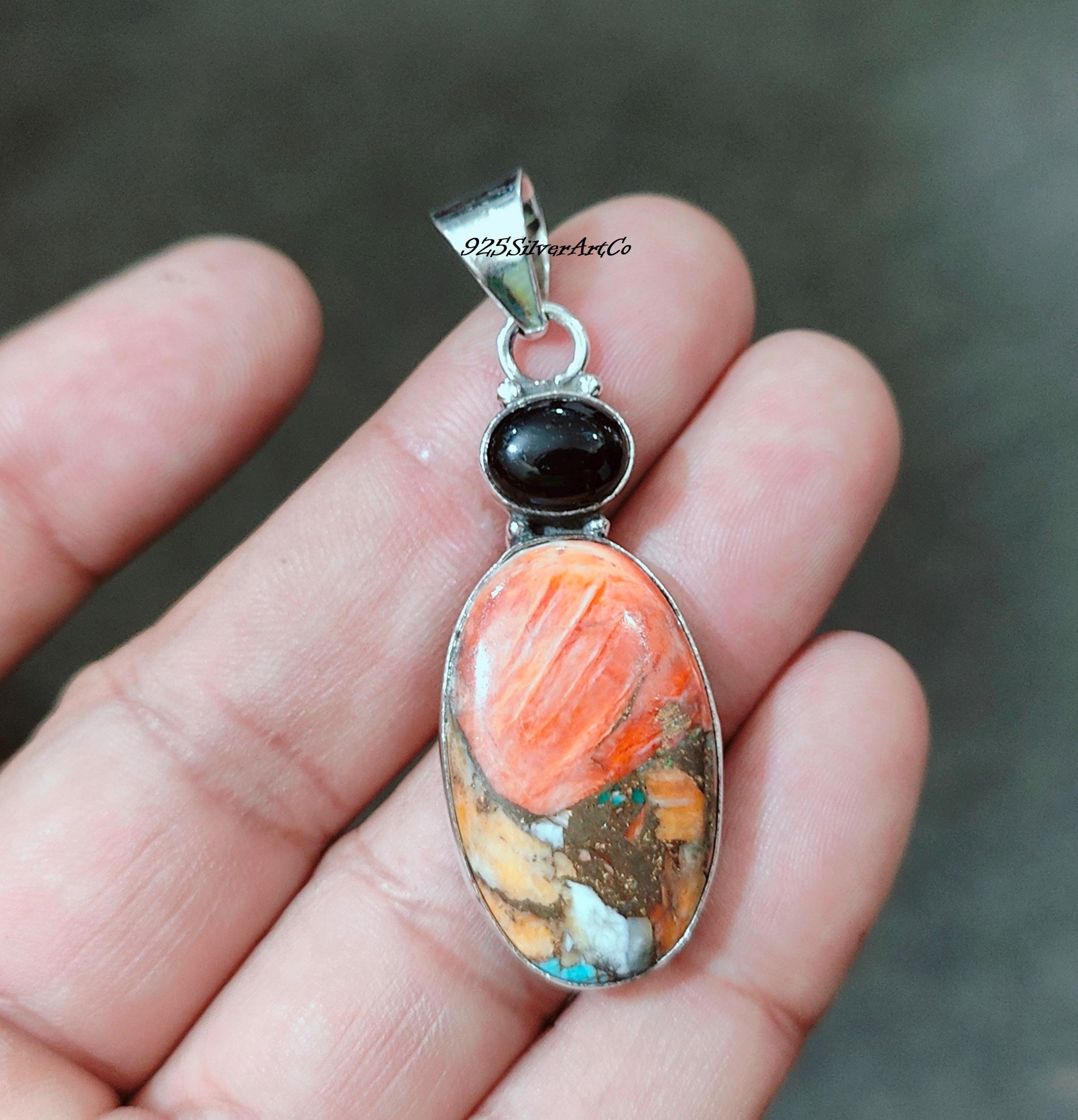 オイスター銅ターコイズ＆ブラックオニキスペンダント - 925