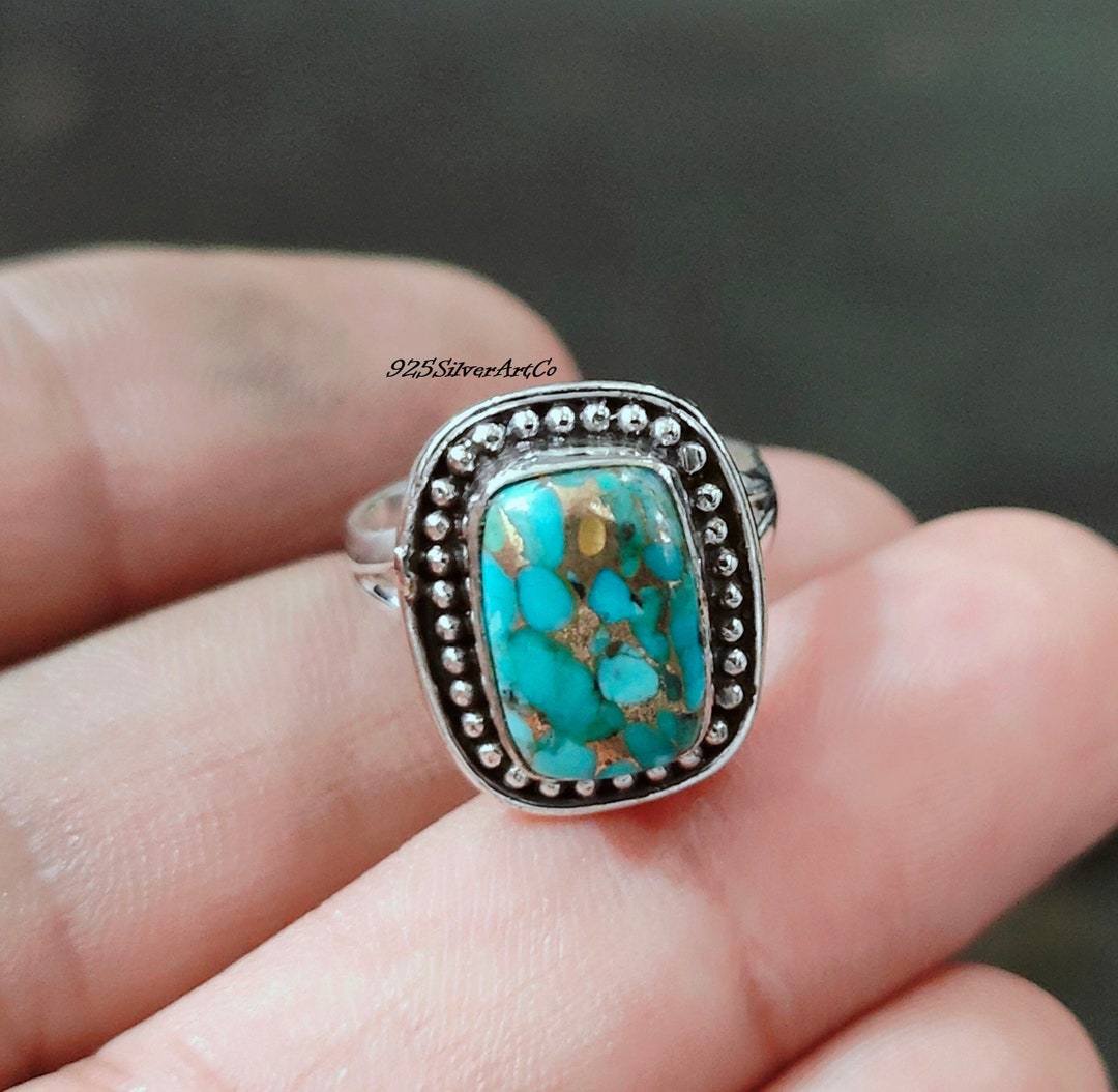 Anello In Argento 925 Con Turchese Rame Naturale Verde - Fatto A Mano - Tutte Le Misure