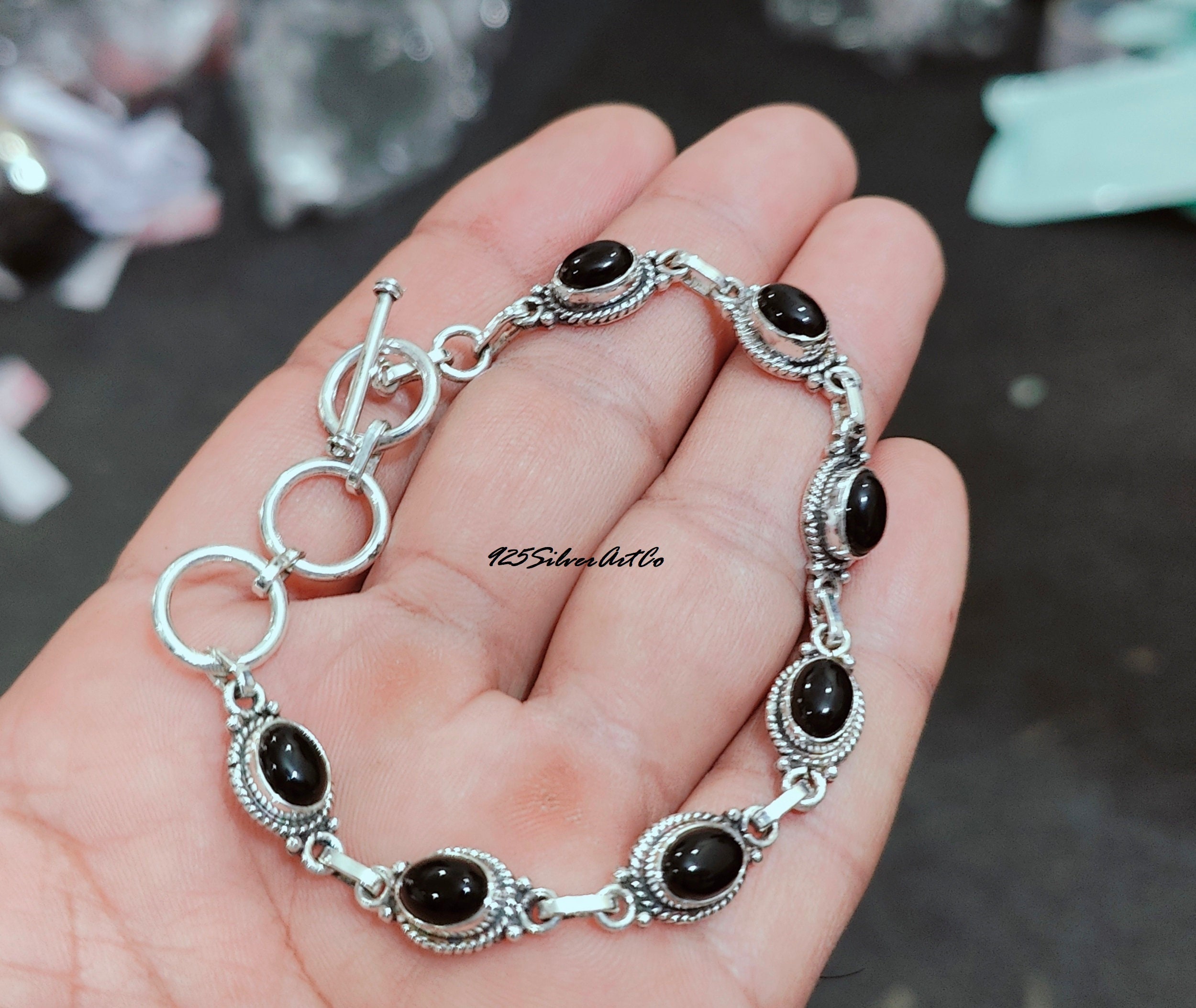アクセサリー Vintage Silver Onxy Ball Bracelet 925 il_fullxfull