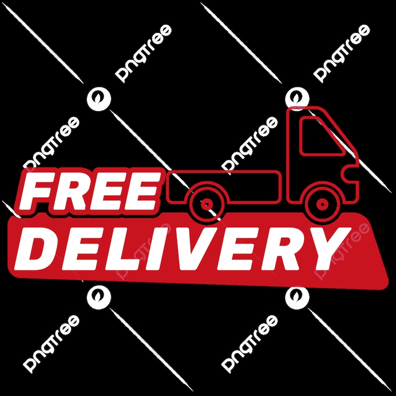 May include: Red and white graphic with the text "FREE DELIVERY" and a red outline of a delivery truck.