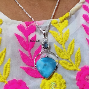 Larimar Aquamarine Pendant: 925 Sterling Silver Two-Stone Design