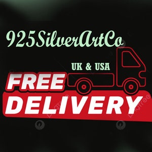 May include: A red and white graphic with the text "FREE DELIVERY" and a black delivery truck with the text "UK & USA" on the side. The text "925SilverArtCo" is in green above the truck.