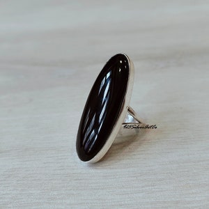Handmade Long Oval Black Onyx Ring: 925 Sterling Silver Boho Jewelry
