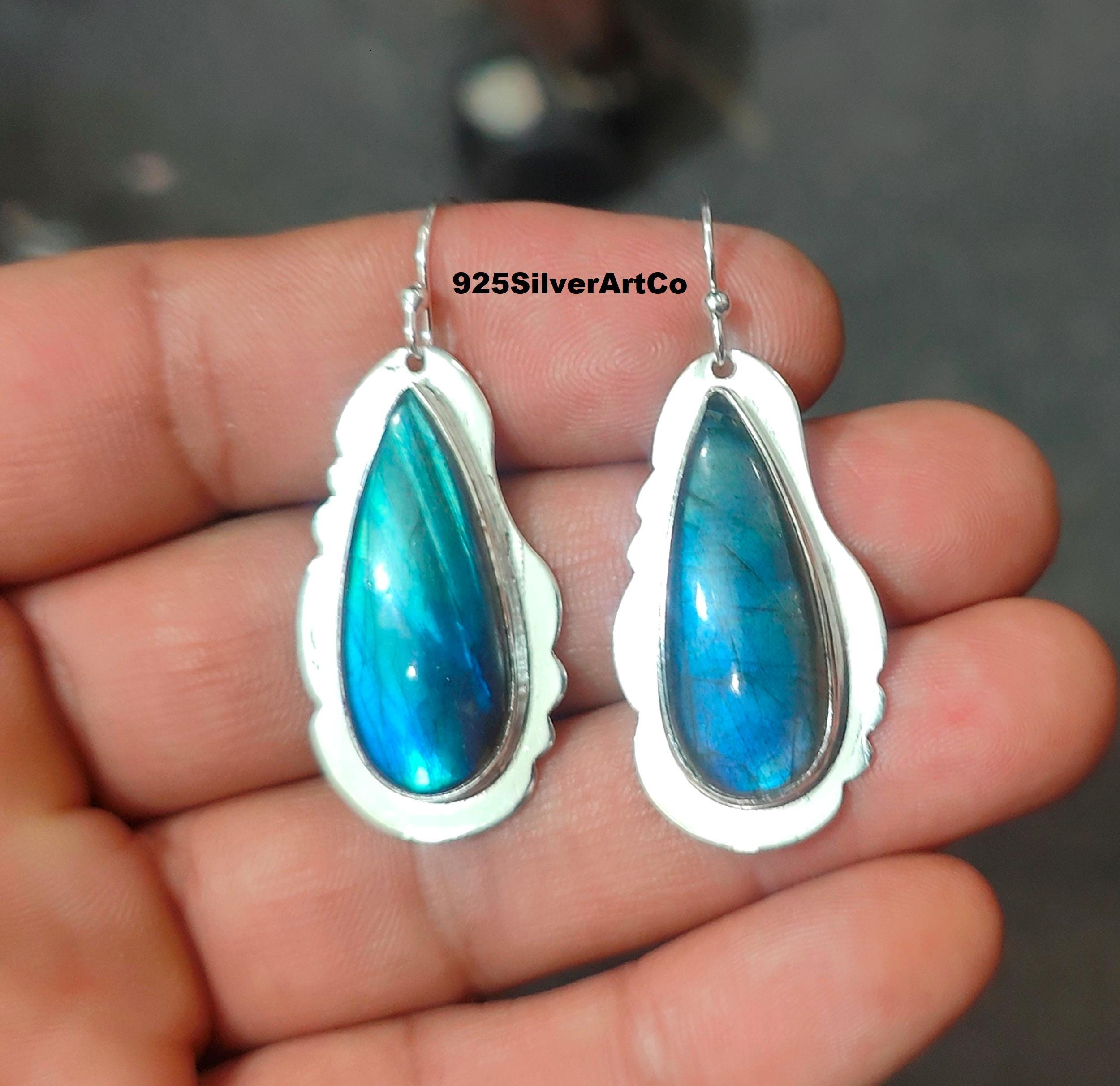 Orecchini pendenti vintage in argento sterling con labradorite a forma di goccia - Italia