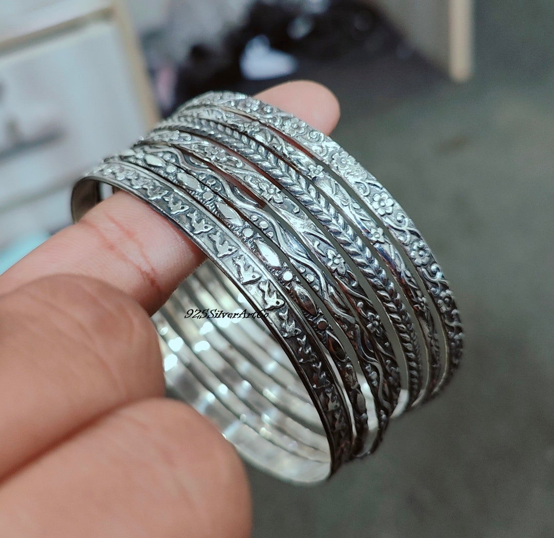 Oxidized Sterling Silver Bangle Set: Textured West Indian Style - Etsy