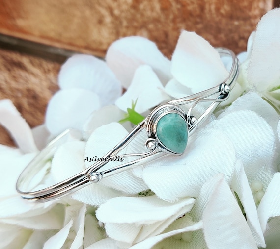 Bracelet Manchette En Argent Sterling 925 Avec Pierre Larimar Bleue - Fait Main, Provenance République Dominicaine