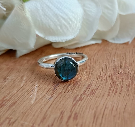 Bague En Argent 925 Avec Labradorite - Taille 57 (US 8) - Pierre Naturelle, Finition Argentée, Neuf Sans Emballage