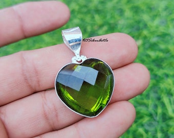 Peridot Pendant, Heart Shape Boho Pendant, 925 Silver Necklace, Green Stone Pendant Jewelry, Gift For Her, Birthday Gift, Necklace For Women