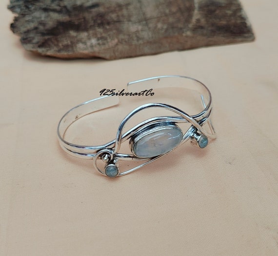 Bracelet manchette en perre de lune arc-en-cel, bracelet en argent