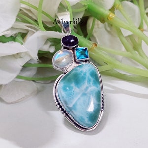 Larimar Pendant: Sterling Silver, Blue Topaz, Moonstone & Amethyst