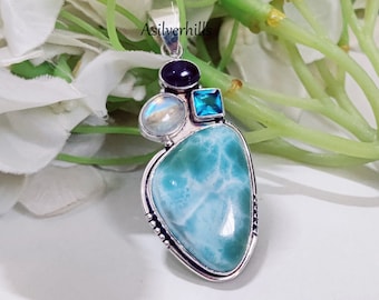 Larimar Pendant: Sterling Silver, Blue Topaz, Moonstone & Amethyst