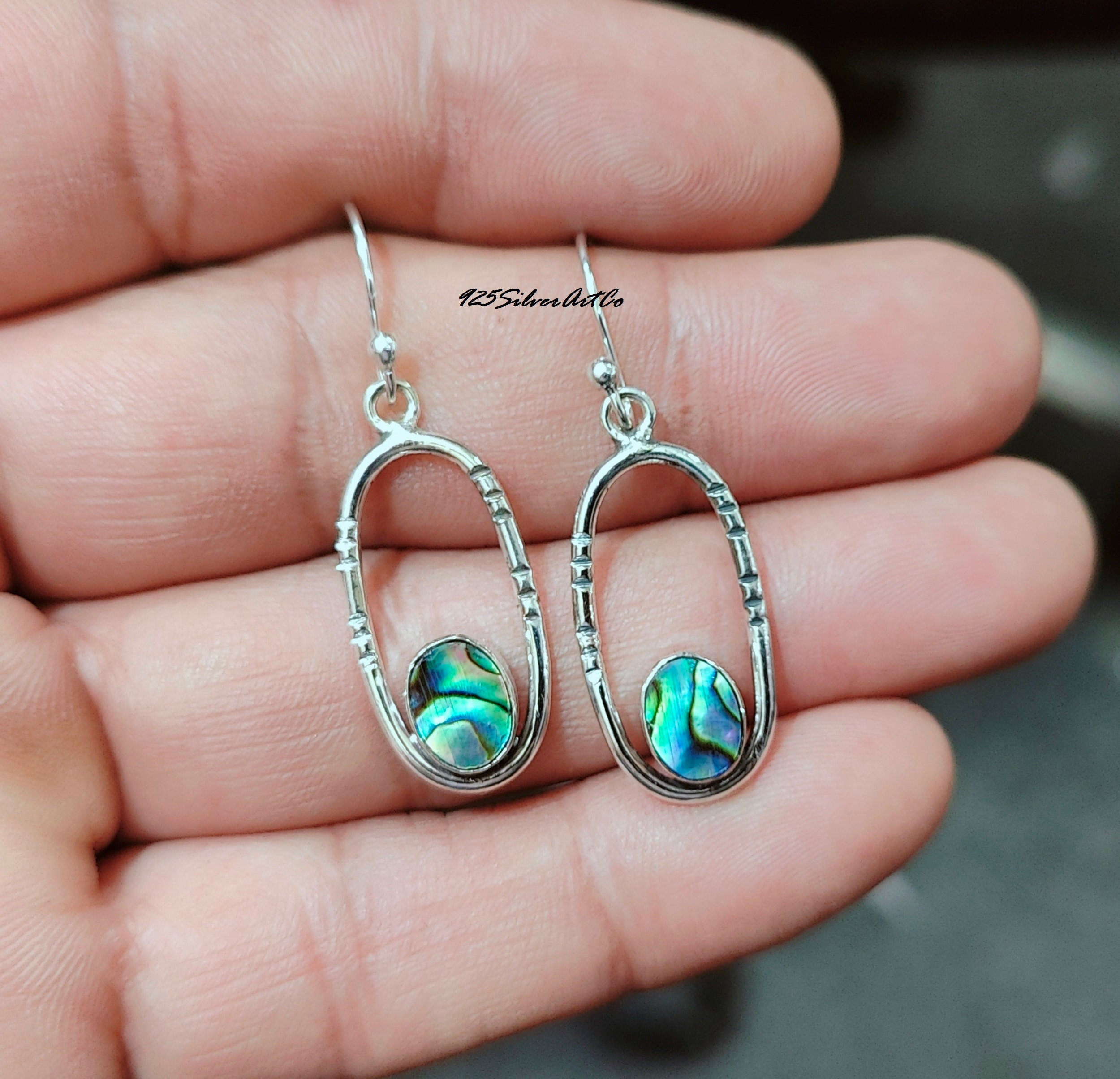 Handmade Abalone Shell Dangle Earrings – Genuine Natural Shell, Silver Tone Copper Base, Hook Closure, Multi-Color