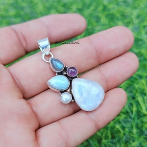 Handmade 925 Silver Multi Stone Pendant: Moonstone, Larimar, Amethyst, Pearl, Labradorite