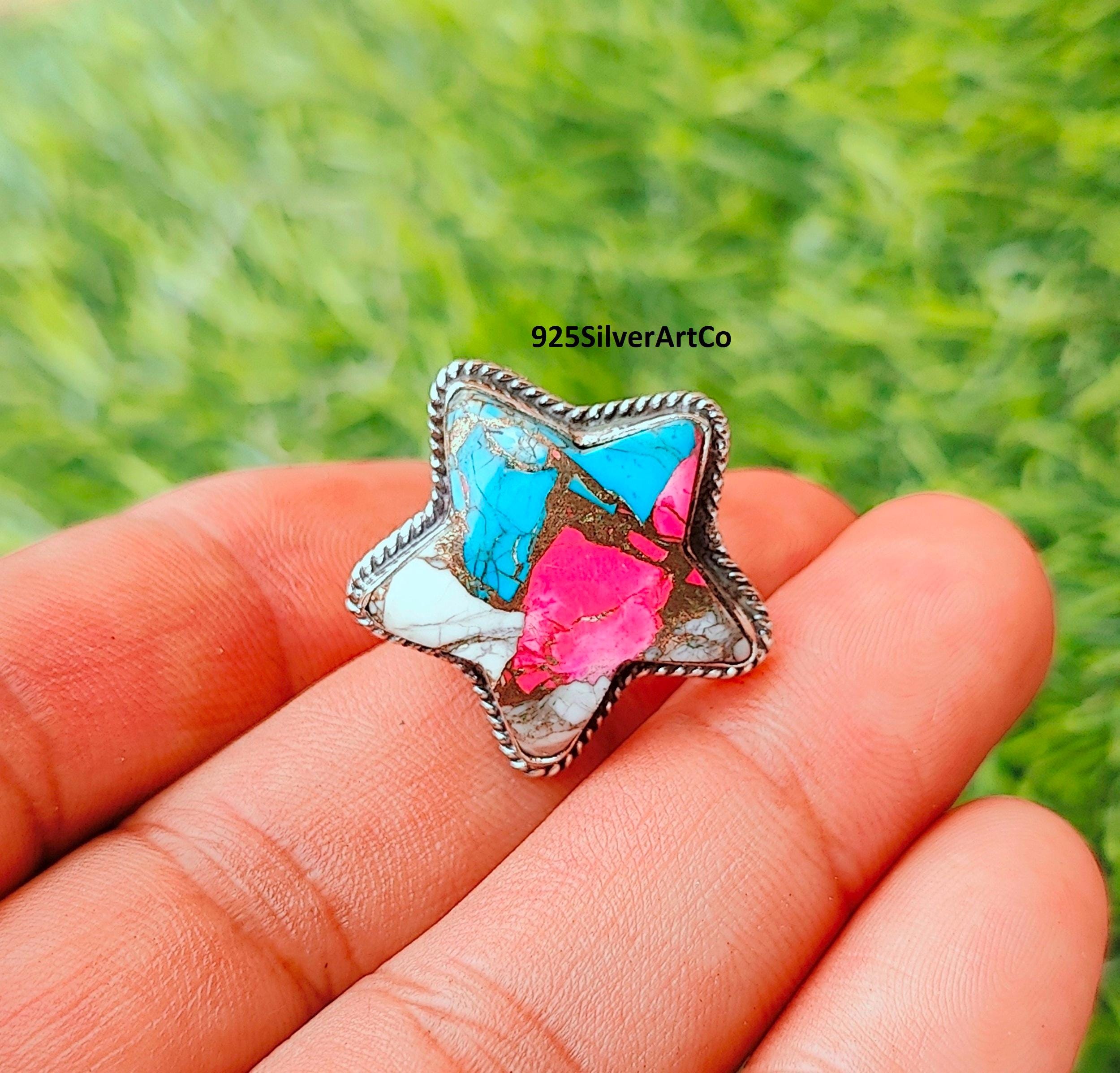 Honey Dahlia Turquoise Star Ring, Southwestern, Size 5 to 10  Sterling Silver Star Ring with Turquoise Dahlia display picture 1