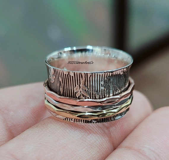 Silver Copper Brass Hammered Spinner Ring, Silver Spinner Ring - Main Image