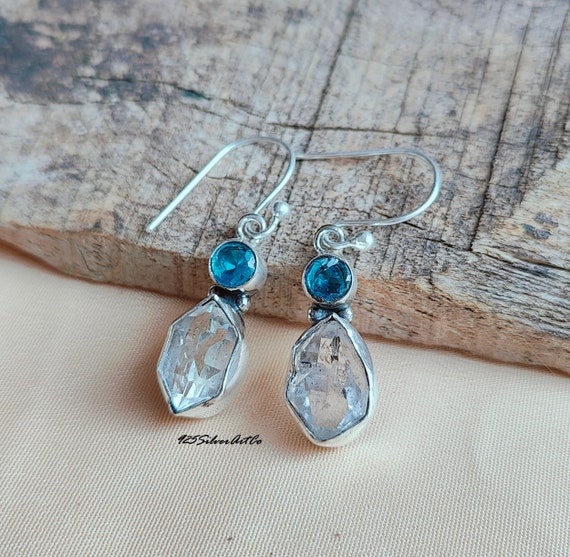 Raw Herkimer Diamond Dangle Earrings: Sterling Silver, Blue Topaz
