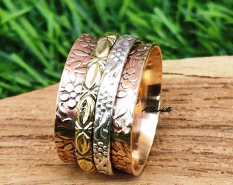 Flower Spinner Ring: Sterling Silver, Copper & Brass Band