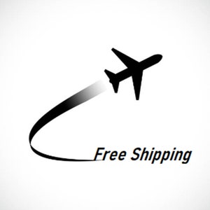 May include: Black silhouette of an airplane taking off with a white trail behind it. The text "Free Shipping" is below the airplane.