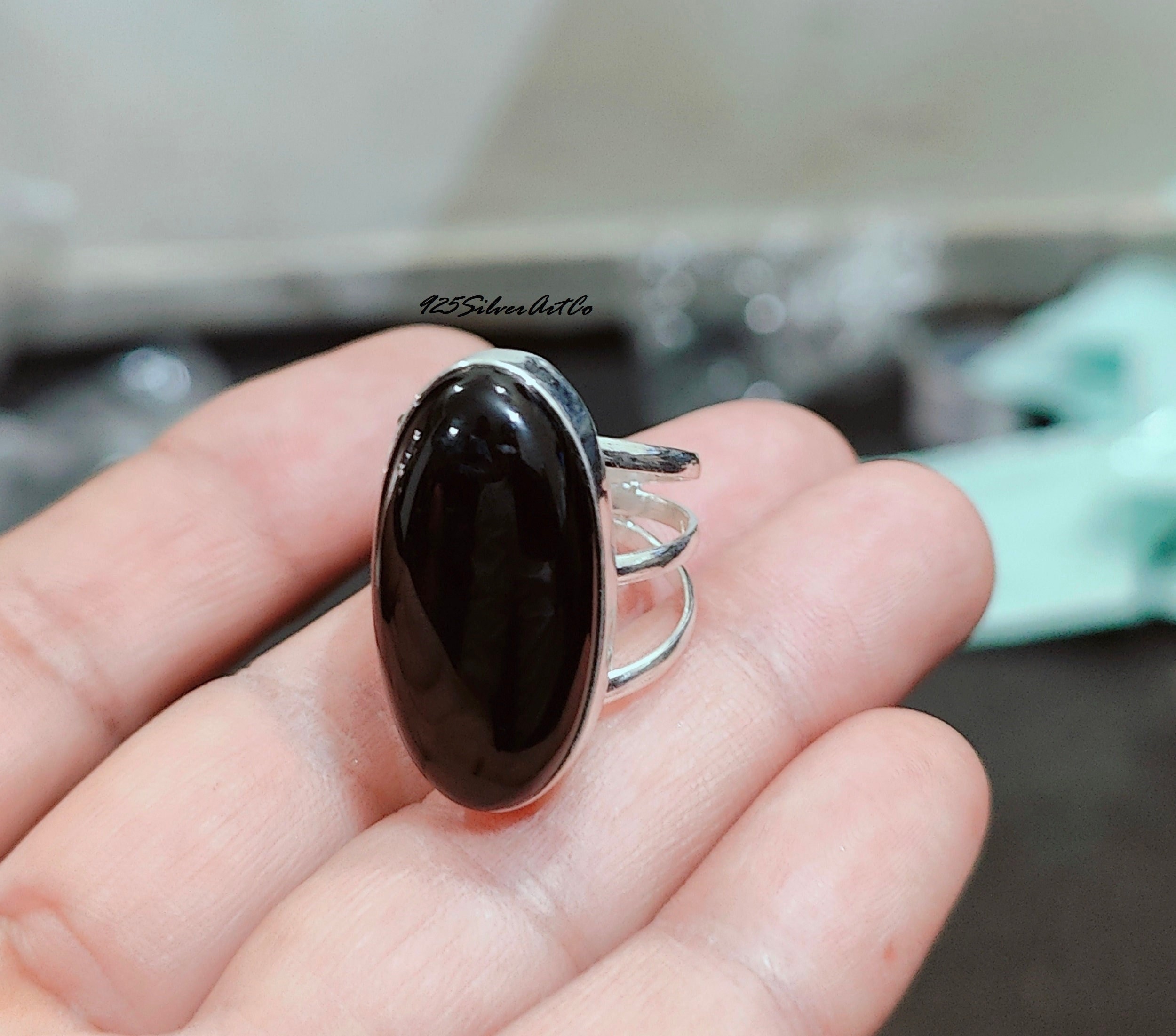 Bague En Argent 925 Avec Onyx Vert - Poids 3.76 G, Occasion, Bijou Vintage