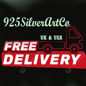 May include: A red and white graphic with the text "FREE DELIVERY" and a black delivery truck with the text "UK & USA" on the side. The text "925SilverArtCo" is in green above the truck.