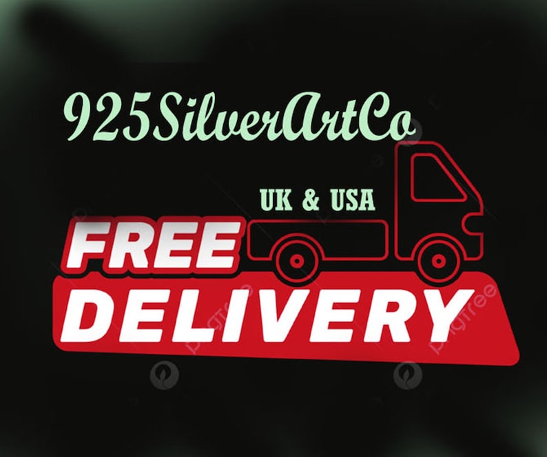 May include: A red and white graphic with the text "FREE DELIVERY" and a black delivery truck with the text "UK & USA" on the side. The text "925SilverArtCo" is in green above the truck.