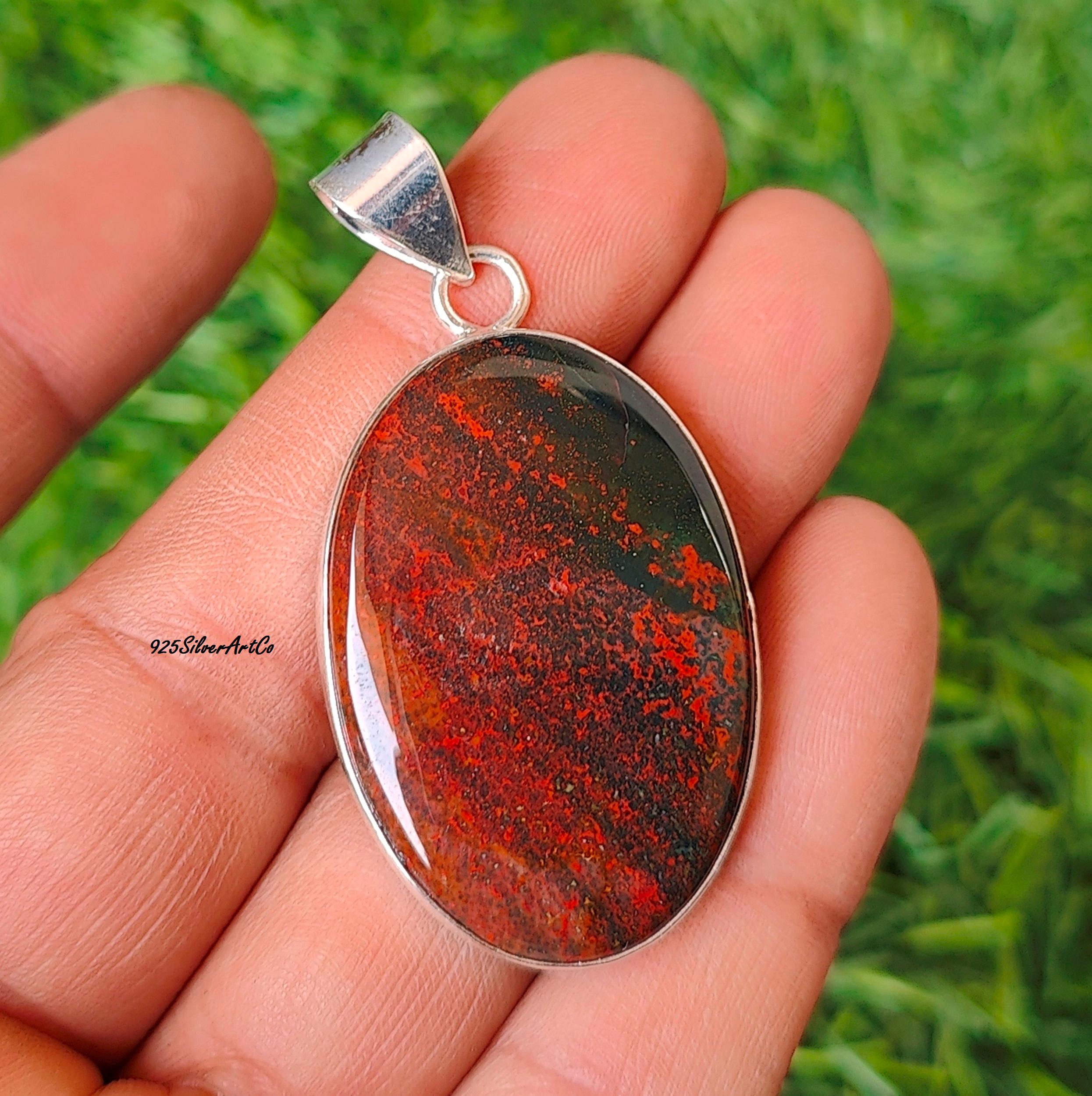 Pendentif En Jaspe Sanguin Naturel Et Argent 925 Sterling Fait Main - Longueur 2.5 Pouces - Neuf