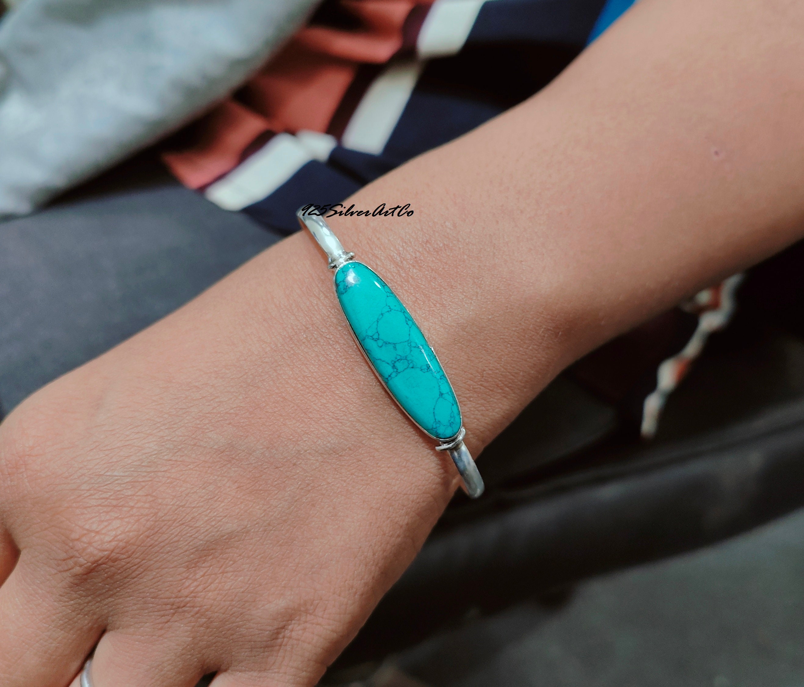 Bracciale A Polsino Regolabile In Argento Sterling Con Vera Pietra Turchese - Donna - Fatto A Mano