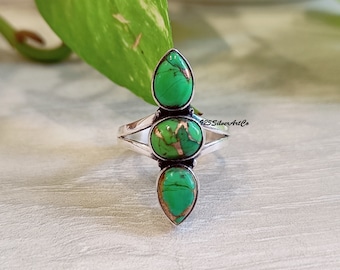 Handmade Sterling Silver Ring: Green Copper Turquoise, Pear & Oval Stone
