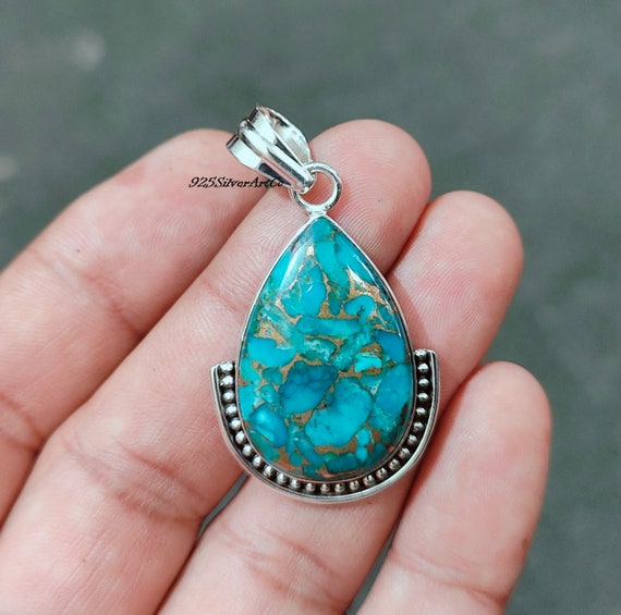 Blue Copper Turquoise Pendant: Handmade 925 Sterling Silver
