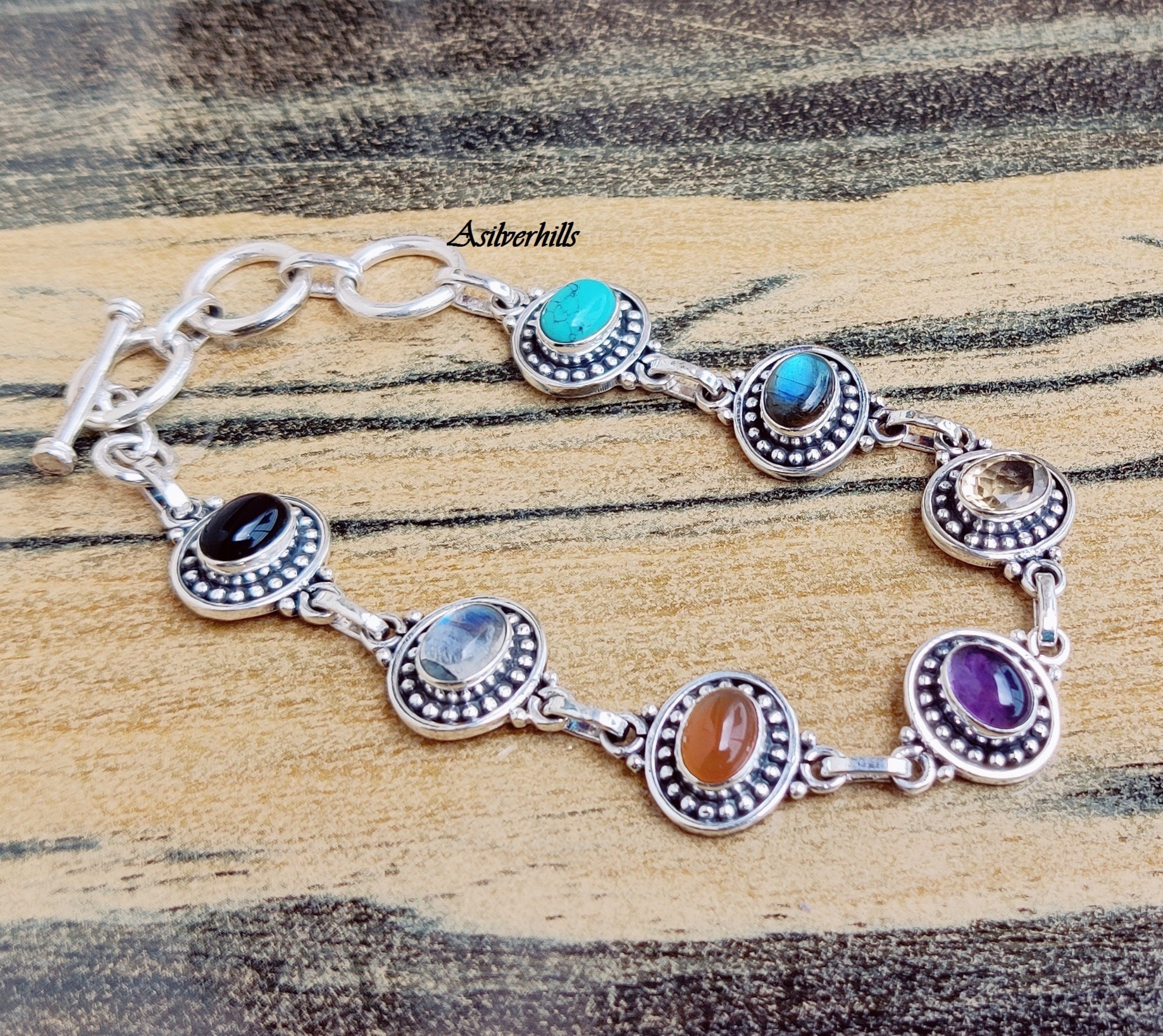 Handmade 925 Silver Gemstone Bracelet: Labradorite, Carnelian & Moonstone