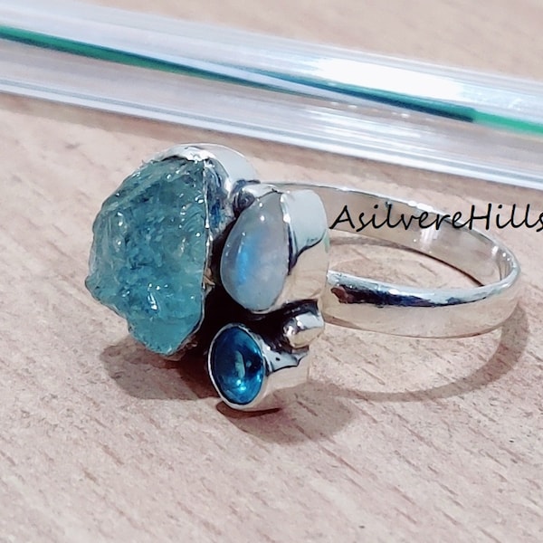 Raw Aquamarine Ring: Sterling Silver Three Stone Moonstone & Blue Topaz Ring