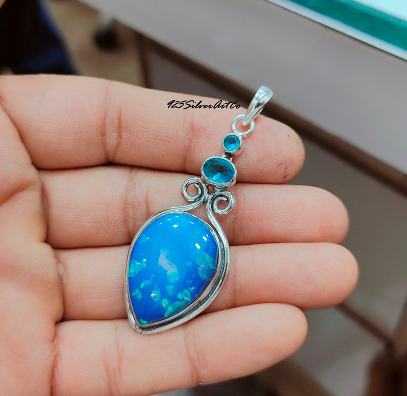 Australian Opal with Blue Topaz Gemstone sterling Silver handmade vintage art pendant jewelry for women for everyday wear with all outfit.