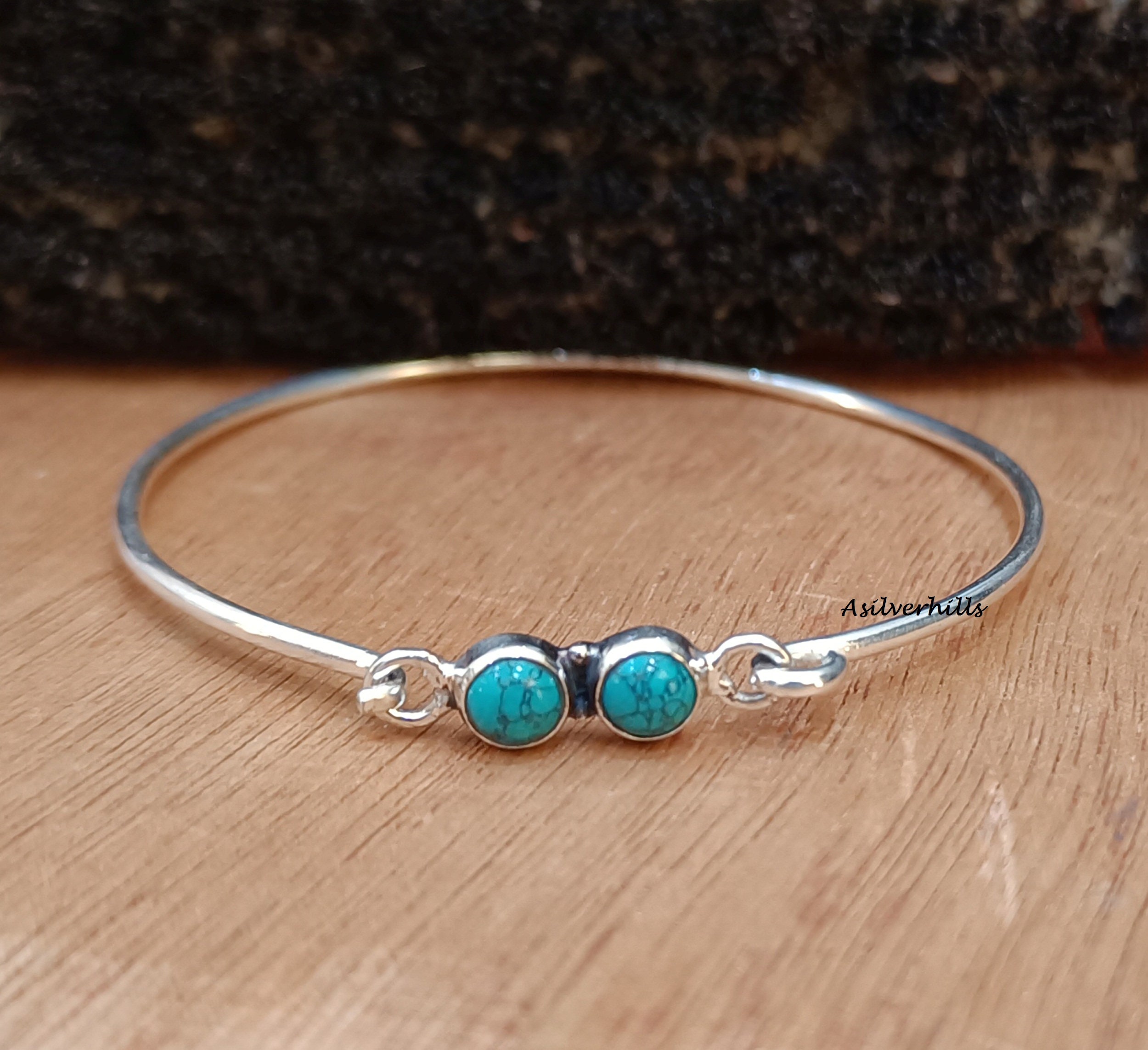 Turquoise Bangle, 925 Silver Handmade Bangle, Two Stone