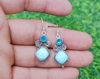 Larimar With Blue Topaz Earring, 925 Silver Earring,  Boho Earing, Dangle Drop Earring, Larimar Jewelry, Earring for Women, Topaz Jewelry