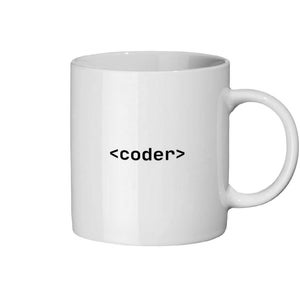 May include: White ceramic coffee mug with black text that reads "<coder>"