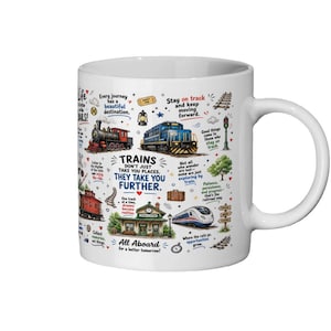 Peut inclure: Un mug en céramique blanche orné d'illustrations colorées de divers trains, d'une gare et d'icônes ferroviaires. Le texte inclut des phrases comme 'Trains don't just take you places, they take you further' et 'All aboard for a better tomorrow'.