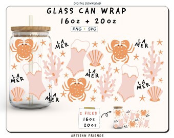 Cute BOHO BEACH 16oz and 20oz glass can svg, ocean svg, beach png svg, Summer Libbey wrap