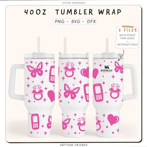 May include: A white 40 ounce tumbler wrap design with pink butterflies, hearts, rings, and cell phones. The design is available in PNG, SVG, and DFX formats. The design includes two files: one with a place for a logo and one without a hole.